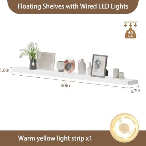 60 inch LED Gaming Floating Shelves for Wall,Solid Wood Long Wall Shelves Set of 1 with Light for Gaming Room,White Rustic Wall Mounted Shelves for Living Room Bedroom Kitchen Garage - Image 2