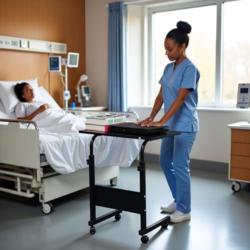 TV Tray Bed Side Table, Portable Rolling Desk Hospital Bed Laptop Table, Small Standing Desk with Wheels Adjustable Height for Sofa, Bedside, Tablet Use, Secure Non Tilt, 23.6" W, Black - Image 4