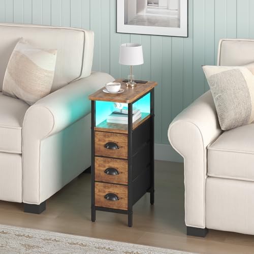 sthmec End Table with Charging Station,LED Side Tables with USB Ports and Outlets,Skinny Bedside Table with 3 Drawers,Small Nightstands for Small Space,Slim Sofa Table for Livingroom,Rustic Brown - Image 2
