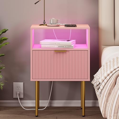 JOONEE Modern Nightstand with Charging Station and LED Lights, White Bedside Table with Drawer, Fluted Side Table for Living Room, Bedroom by JOONEE