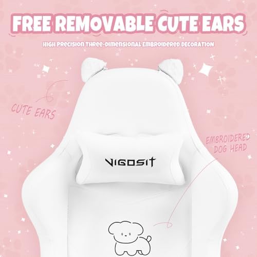 Vigosit White Dog Gaming Chair - Kawaii Design for Competitive Gamers & Adults, Ergonomic High Back with Lumbar Support, 310lbs Capacity - Image 6