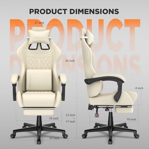 Ferghana Vintage PU Leather Gaming Chair, Ergonomic Gamer Chair with Massage, High Back Computer Office Chair with Footrest for Adults, Racing Style Reclining Video Game Chair (Beige) - Image 3