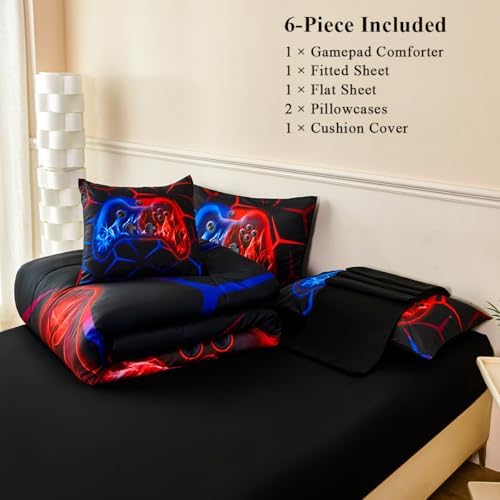 Boys Twin Comforter Set Gaming Bedding Set for Kids Teens Soft Microfiber 6 Pieces Gamer Bed in A Bag Set Red and Blue Geometric Gamepad Bedding Set for All Season(Red Blue, Twin) - Image 4
