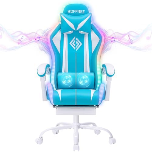 RGB Gaming Chair with Speakers Massage LED Lights Game Chairs-Sky Blue | Bluetooth Computer Gaming Chair with Footrest Video Game Chair for Adults Ergonomic High Back Gamer Chair with Lumbar Support by HOFFREEOfficial