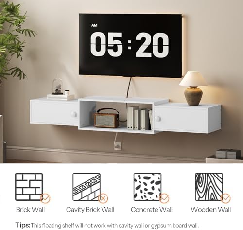 HOOBRO 55" Floating TV Stand with Power Outlet, Modern Wall Mounted Media Console Shelf Cabinet for Under TV Storage, Entertainment Center, Living Room, Bedroom, White WT11UDS01 - Image 3