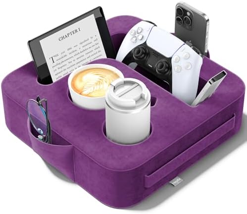 Couch Cup Holder Pillow, Sofa and Bed Caddy for iPad, Kindle, Switch, Game Controller, Remotes, Phones, Small-Sized Cup & Drink Holder for Couch, Bed, Desk, Car, Beach, Bathroom Cup Holder Purple by Unknown