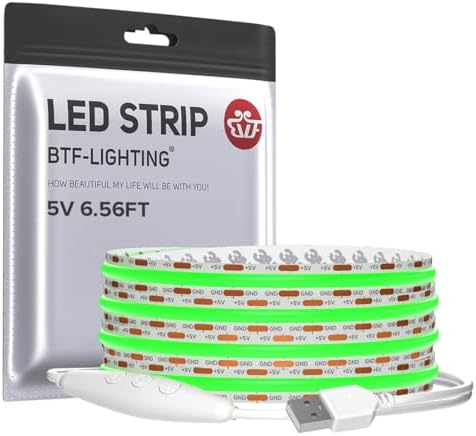 BTF-LIGHTING 5V USB COB LED Strip Lights 6.56FT Green Color for TV by BTF-LIGHTING