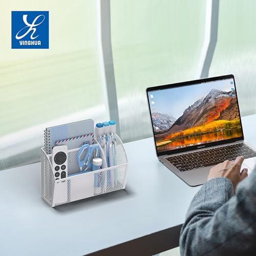YINGHUA 3 Compartment Magnetic Metal Mesh Pen Holder, White Desk Caddy - Image 6