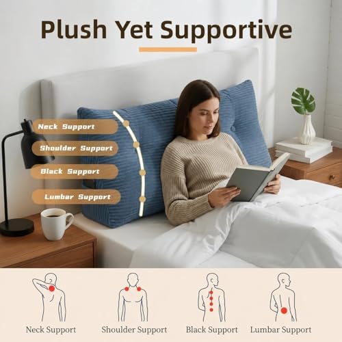 Wedge Reading Pillow Headboard King Size, Headboard Bolster Pillow for Bed, Triangular Backrest Cushion with Removable Corduroy Cover, Blue - Image 3