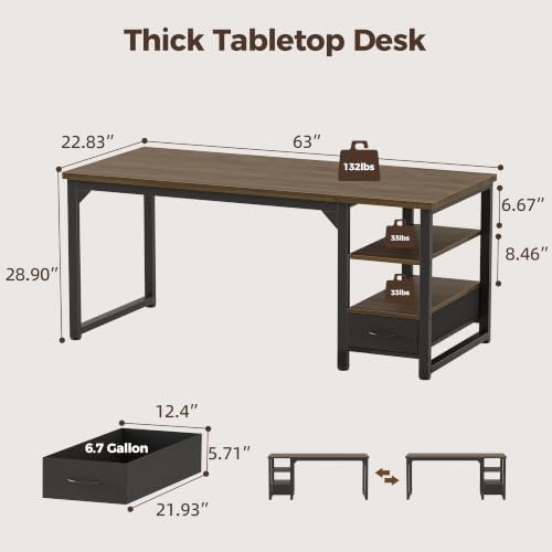 Mericonia 63" Reversible Computer Desk with Drawer, 1" Thick Office Desk - Image 2