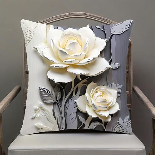 2D Flat, 2pcs Elegant White Rose Linen Throw Pillow CoverDecorative, White and Gray Rose Design, Elegant Home Decor Cushion Case，18x18 Pillows Linen Pillowcase - Image 2