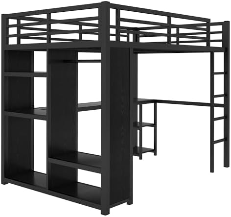 Bellemave Metal Full Size Loft Bed with Desk and Wardrobe,Heavy Duty Loft Bed Frame with Storage Shelves for Kids,Teens,Adults, Space Saving,Black - Image 4