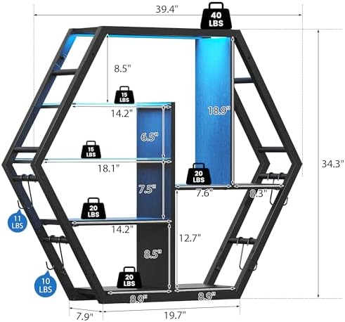 kepptory 39" Wide LED Gaming Floating Shelves, 5 Tier Wall Mounted Shelves with 2 Removable Glass Shelves, Coffee Bar Rack with 8 Hooks, Display Rack for Wall Storage for Gaming Room, Black - Image 2
