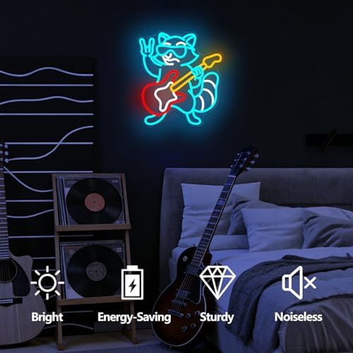 Raccoon Playing Guitar Neon Sign Dimmable Rock & Roll Raccoon Neon Lights Live Music Led Sign USB Guitar Led Light Raccoons Neon Wall Decor for Bedroom Bar - Image 2