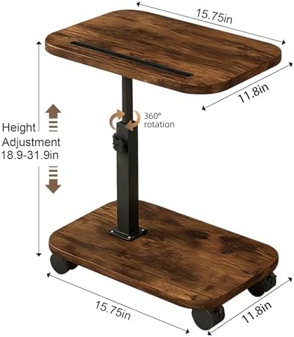 Adjustable TV Tray Side Table 360°Swivel Rolling, Rustic Brown - Image 2