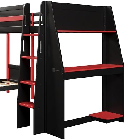 Merax L-Shaped Twin Size Triple Bunk Bed for 3 People, Wood Gaming Loft Bed with Built-in Desk, Shelves, Lights and Full-Length Guardrails, Black+Red - Image 6