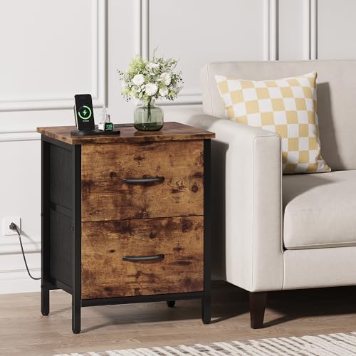 Vagusicc Nightstand with Charging Station, Bedside Table with USB Ports and Outlet, End Table Side Table with 2 Fabric Drawers for Bedroom, Living Room, Rustic Brown - Image 2