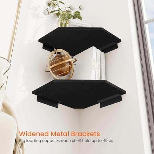 Homode Corner Shelf Wall Mount, Set of 2 Corner Floating Shelves with Wire Hole for TV, Cable Box, Wood Hanging Storage Shelf Organizer for Bathroom Kitchen Living Room Bedroom, Black - Image 5
