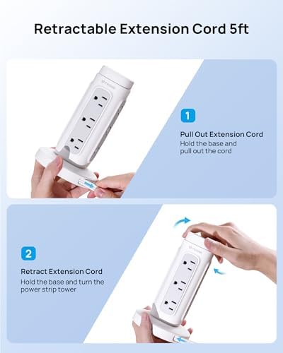 TROND 360 Rotating Plug Power Strip Tower with 5ft Retractable Cord, White - Image 3