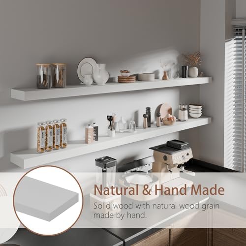 72 inch Long Floating Shelves for Wall,Solid Wood Long Shelves Set of 2,White Wooden Wall Mounted Shelf,Bookshelf Bathroom Shelves (White, 72 Inch) - Image 4
