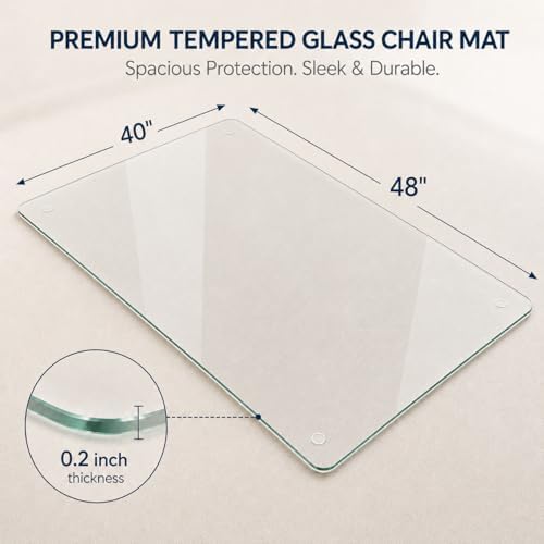 40 x 48 Inch Glass Chair Mat, 1/5 Inch Thick Tempered Glass Office Chair Mat for Carpet and Hardwood Floors, Heavy Duty Clear Computer Desk Floor Protector with 4 Anti-Slip Pads - Image 2