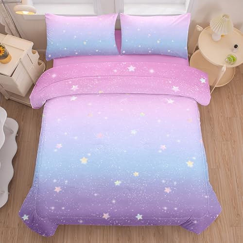 3PCS Girls Comforter Sets Twin,Galaxy Pink Girls Bedding Set,Pink and Purple Bedding Set,Twin Comforter Set for Girl - Image 3