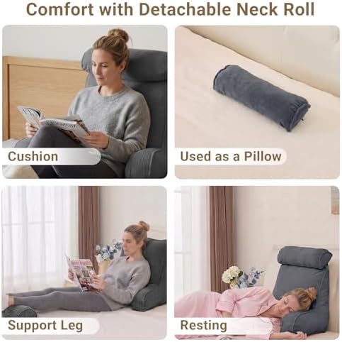 Reading Pillow for Bed with Detachable Neck Roll and Shredded Memory Foam, Back Pillow with Arms for Sitting Up, Washable Bed Rest Pillow with Side Pocket for Gaming, Sofa, Dorm - Dark Gray - Image 7