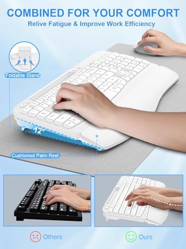 Hayyiesh Ergonomic Wave Keys Wireless Keyboard and Mouse Combo, Full Size with Memory Foam Wrist Rest & Phone Holder, 2.4G Cordless Set with USB-C Adapter for Windows Mac Desktop Laptop (White) - Image 4