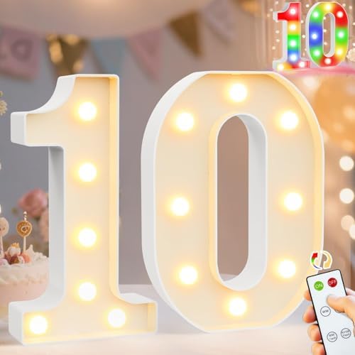 Pooqla 10th Birthday Decoration for Girls Boys, Decorative LED Light Up Numbers, Marquee Numbers 10 Sign for Party Backdrop 10th Wedding Anniversary Decor Gift, Warm White and Colorful Number 10 by Pooqla