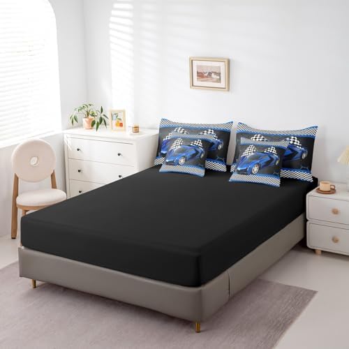 Feelyou Race Car King Comforter Set with Sheets for Kids Boys Black White Checkered Flag Print Bed in a Bag Extreme Sports Bedding Set 7 Piece Honeycomb Speed Sports Car Blue Bed Set - Image 5