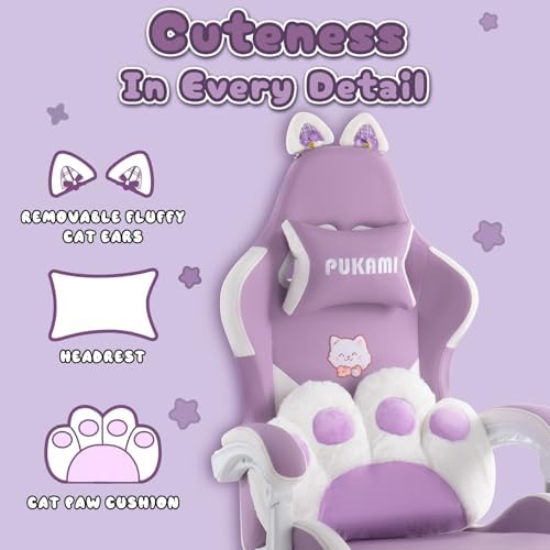 PUKAMI Gaming Chair with Cat Ears,Cute Computer Chair for Girl with Footrest,Ergonomic Gamer Chair, Kawaii Gaming Chair, Game Chair (Purple) - Image 3