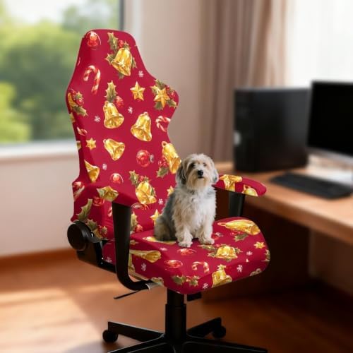 Christmas Bells Gaming Chair Covers Set of 4 Christmas Candy Computer Game Chair Seat Slipcover with Arm Rest Non Slip Red Office Chairs Protective Slipcovers for Office, Home - Image 2