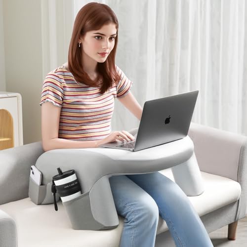 Reading Pillow for Bed, Lap Desk for Laptop, Memory Foam Arm Rest Support Gaming Pillow with Cup/Phone Pocket, Laptop Lap Desk for Working, Gaming, Reading on Couch Bed Floor- Grey - Image 2