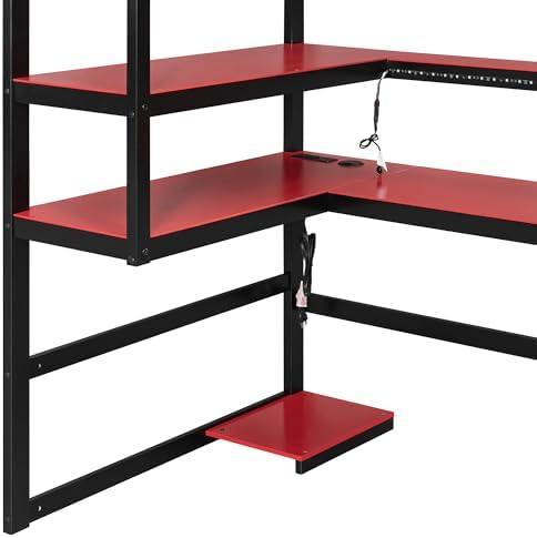DNYN Gaming Loft Bed with Built-in Desk and Storage Shelves for Teens/Adults Bedroom, Space-Saving Twin Size Wooden Bed Frame with LED & Side Race, No Box Spring Needed - Image 5