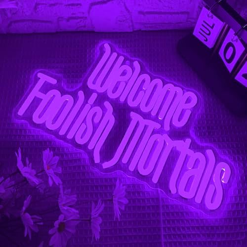 Welcome Foolish Mortals Neon Sign,Dimmable Spooky Gothic Purple Haunted Mansion Coffin LED Neon Signs for Wall Decor,USB Powered Led Neon Light for Haunted House Man Cave Halloween Party Birthday Gifts - Image 2