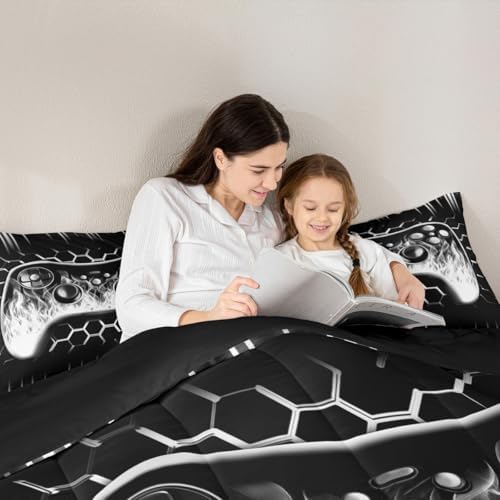 Erosebridal Honeycomb Gaming Kids Comforter Sets Boys Grey Neon Lights Game Console King Bedding Set Ombre Art Geometric Hexagon Beehive Quilt Set Gamer Decor for Boys Bedroom Decor - Image 3