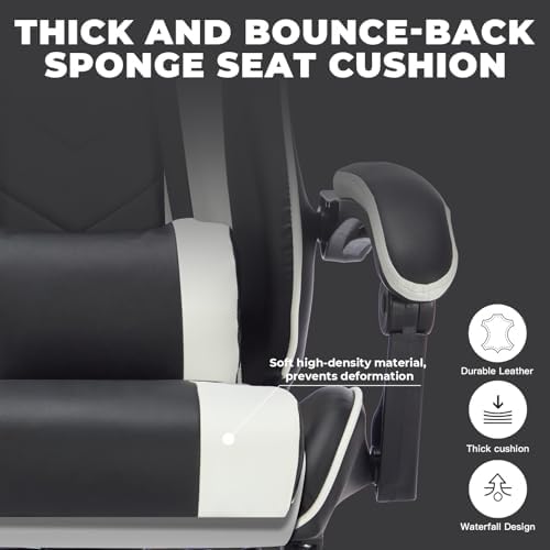Leather Ergonomic Gaming Chair with Footrest, Comfy Massage Gaming Chair with Comfortable Headrest & Lumbar Support for Adults Kids Women Men Boys, 300 LBS Capacity (Black+White) - Image 6