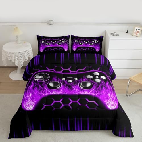 Erosebridal Honeycomb Gamer Kids Comforter Set Purple Neon Lights Game Console Toddler Bedding Sets for Boys Ombre Art Geometric Hexagon Beehive Duvet Set Gaming Decor for Boys Bedroom Decor - Image 6