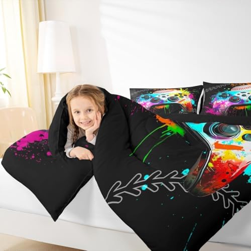 Erosebridal Gaming Bedding Set - Baseball Full Comforter Set, Watercolor Game Console Comforter Set, Rainbow Tie Dye Sports Bedding Set for Boys, Gamer Decor for Boys' Bedroom - Image 4