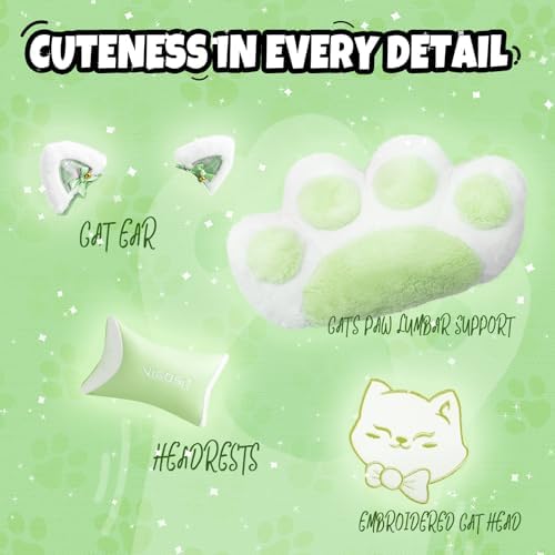 Vigosit Cute Cat Ears Gaming Chair for Women Girls - Ergonomic PU Leather Office Chair with Footrest cat paw Pillow, 360° Swivel Recliner, Green - Image 3