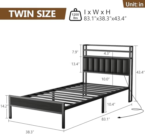 Twin Size Bed Frame with Upholstered Headboard and 2-Tier Storage Shelves - Image 2