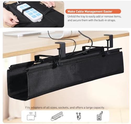 MAXECHO Under Desk Cable Management Tray 28" - Clamp on Wire and Cable Organizer for Storage and to Hide Cords - Ideal for Home Office - Premium Black Fabric Design - Image 4