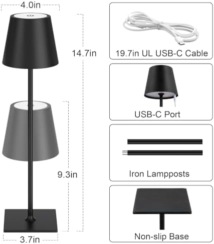 Kakanuo Cordless Rechargeable Table Lamp Black 5000mAh Battery Operated Lamps, 3 Colors Stepless Dimming Touch Lamp for Dining, Living Room, Outdoor Patio, Kitchen Counter, 4 Pack - Image 5