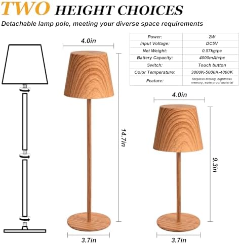 Kakanuo Wood Grain Cordless Table Lamp Rechargeable - 2 Pack 5000mAH Battery Operated Lamp for Counter, 3 Color Stepless Dimming Wireless Lamp for Dining Kitchen, Outdoor Patio, Touch Control - Image 5
