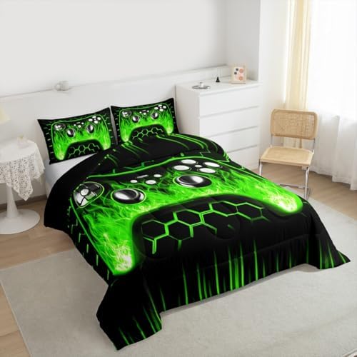 Erosebridal Honeycomb Gamer Boys Bedding Comforter Sets Green Neon Lights Game Console King Size Comforter Set Ombre Art Geometric Hexagon Beehive Bed Set Gaming Decor for Boys Bedroom Decor - Image 2