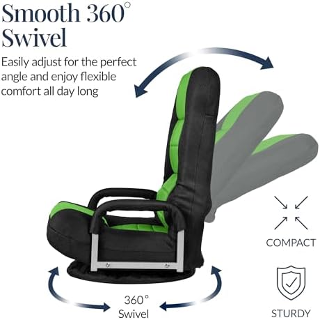 Best Choice Products Swivel Gaming Chair 360 Degree Multipurpose Floor Chair Rocker for TV, Reading, Playing Video Games w/Lumbar Support, Armrest Handles, Adjustable Foldable Backrest - Black/Green - Image 6