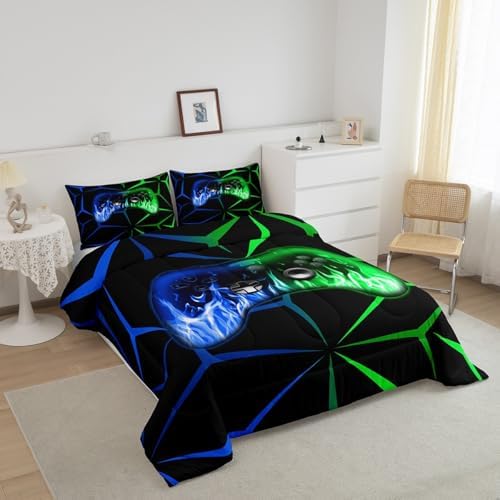 Feelyou Gamer Comforter Set for Kids Boys,3D Video Gaming Bedding Set Queen Size,Teens Bedroom Room Decor,Green and Blue Game Contoller Comforter,Geometric Game Bed Set All Season for Game Lovers - Image 2