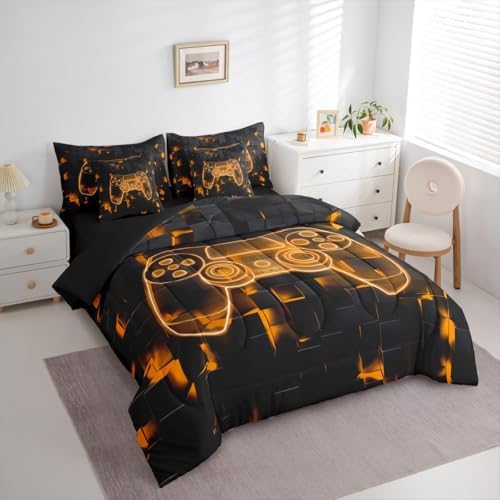Erosebridal Gaming Bed in A Bag 7 Piece Modern Gamer Queen Bedding Set with Sheets | Video Games Comforter Set for Kids Boys Teens Bedroom, Gamepad Ombre Geometric Bed Sets, Orange - Image 3