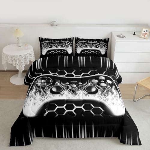 Erosebridal Ombre Art Honeycomb Gamer Comforter Sets for Boys Grey Neon Lights Game Console Toddler Bedding Sets for Boy Geometric Hexagon Beehive Duvet Insert Gaming Decor for Boys Bedroom Decor - Image 6