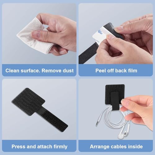 Adhesive Under Desk Cable Management Kit - 45 PCS Sticky Back Velcro Ties + 2 Rolls Extension Straps for No Drill Cord Organization, Home Office (Black) - Image 4